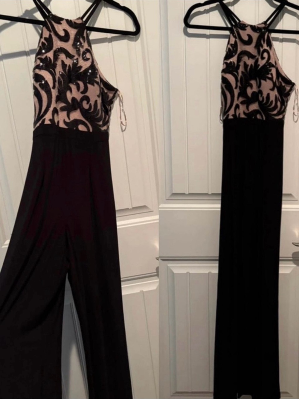 Black Jumpsuit with Patterned Nude and Black Bodice